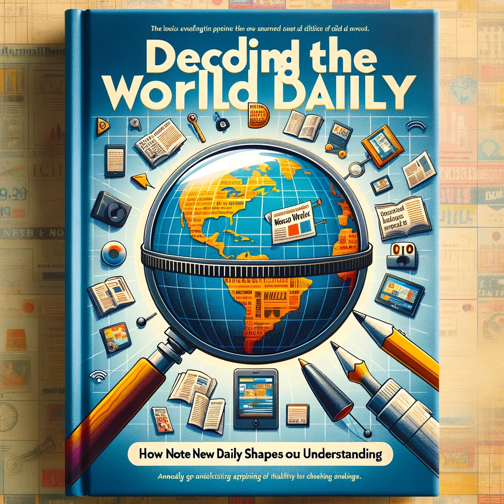 Book cover featuring a globe with media symbols and a magnifying glass over 'Note News Daily', titled 'Decoding the World Daily: How Note News Daily Shapes Our Understanding'.